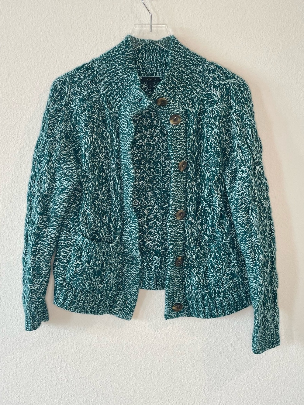 Talbots Green & White Marled Cable Knit Button Cardigan